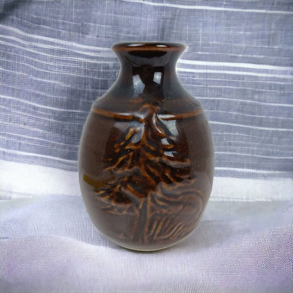 Dekrech Original embossed Pine Tree Brown Glaze Pottery Bud Vase Handmade artist